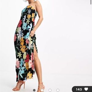 ASOS DESIGN one-shoulder volume sleeve plisse maxi dress in black floral